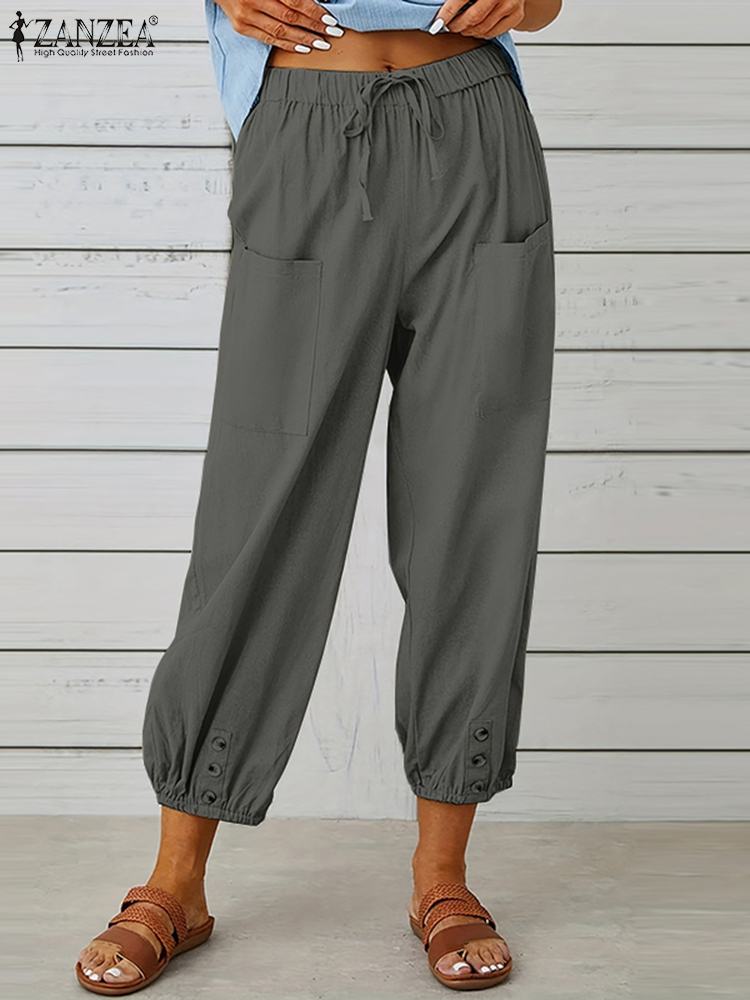 2024 ZANZEA Pants Summer Vintage Harem Pant Elastic High Waist Trousers Elegant Solid Long Pantalon Holiday Work Palazzo