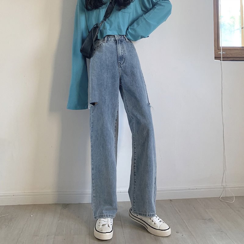 Jeans Women Hole Preppy Style Trendy Spring Female Student Loose Straight High Waist Kpop Vintage Solid Streetwear Mujer De Moda