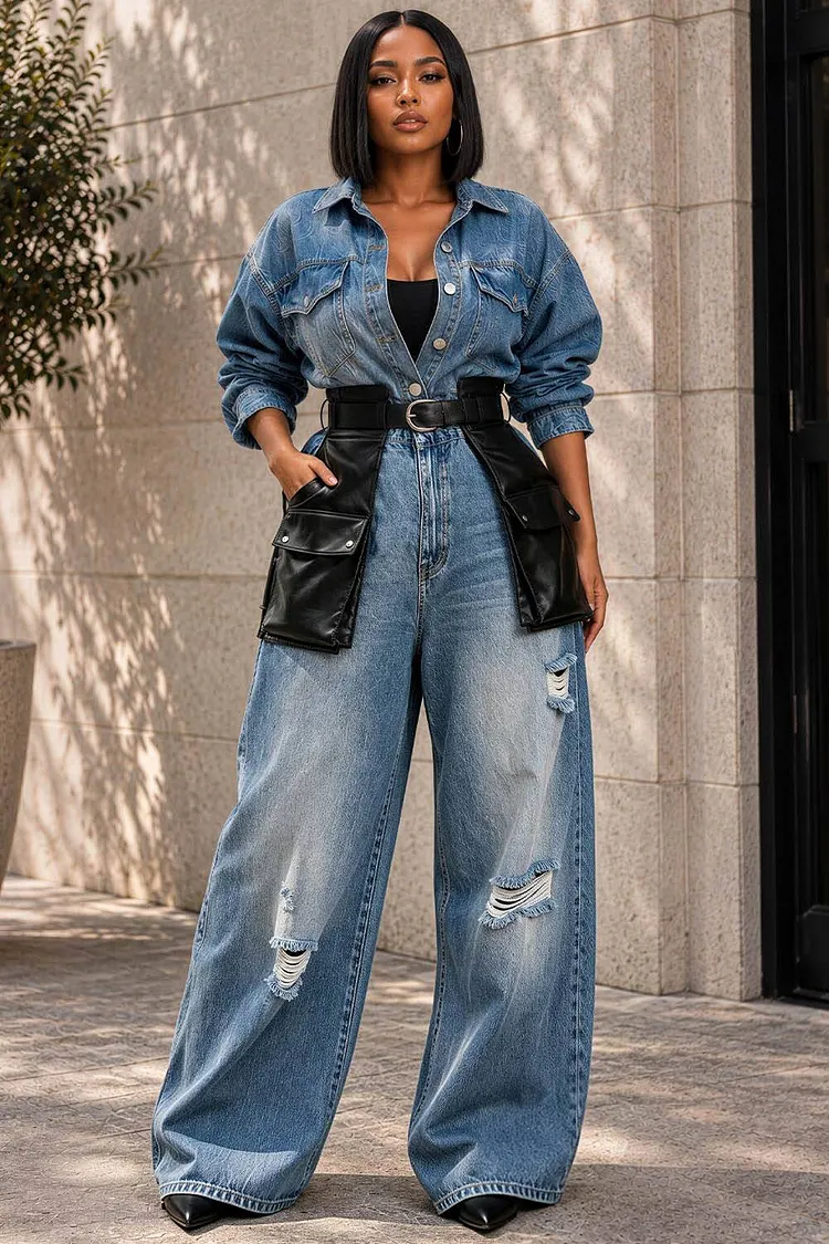 Xpluswear Design Plus Size Daily Blue Shirt Collar Long Sleeve Pocket Contrast Denim Jumpsuits [Pre-Order] 2024 - Xpluswear