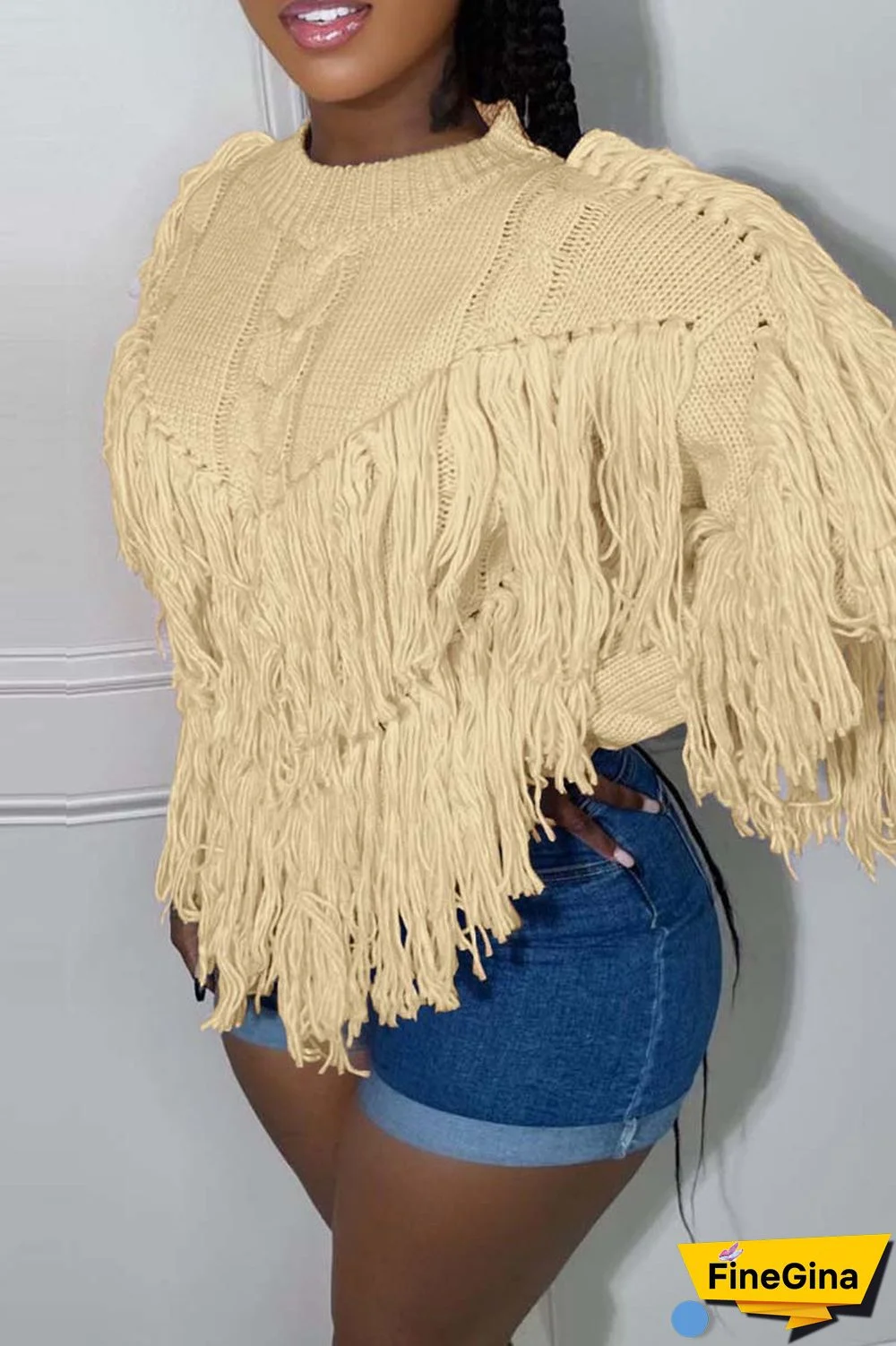 Pink Casual Solid Tassel O Neck Tops