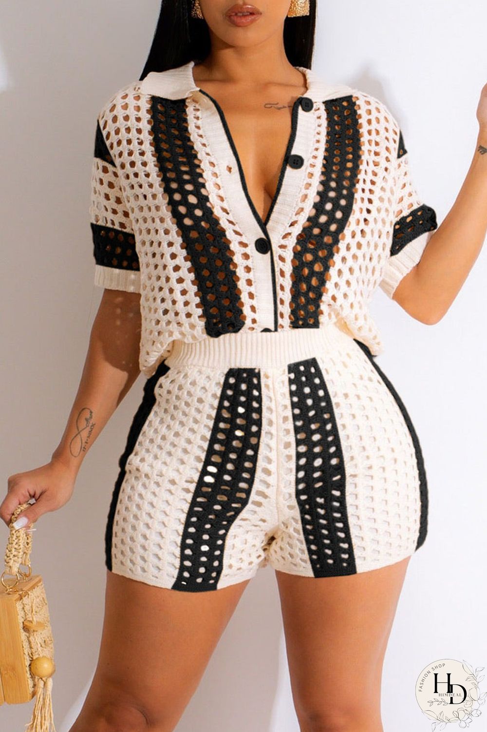 Rose Red Sexy Hollowed Out Patchwork Buckle Turndown Collar Short Sleeve Two Pieces