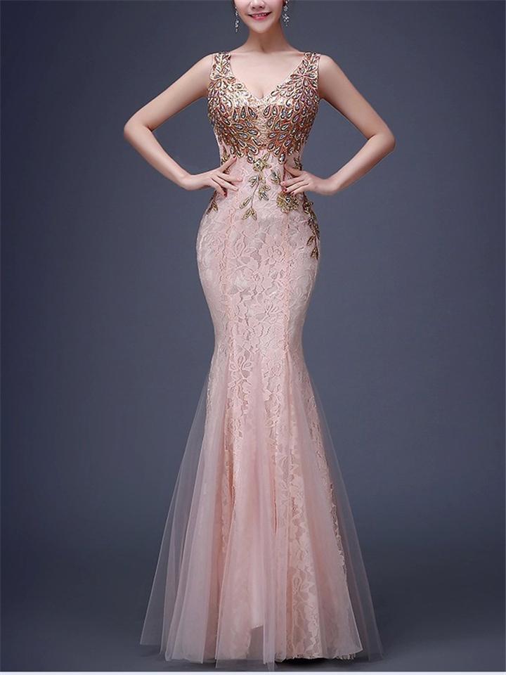  thdmladies Sexy V Neck Trumpet Mermaid Sleeveless Lace Dress For Prom thedmladies