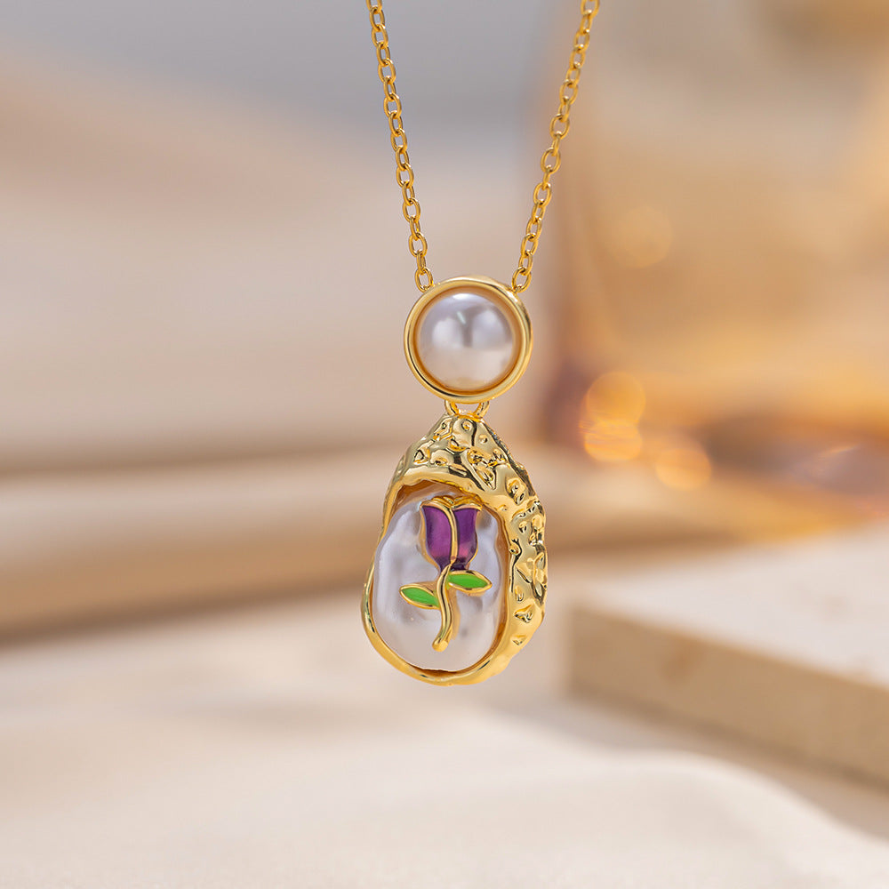 French Retro Oil Drop Baroque Freshwater Pearl Enamel High-Grade Painted Flower Pendant Necklace