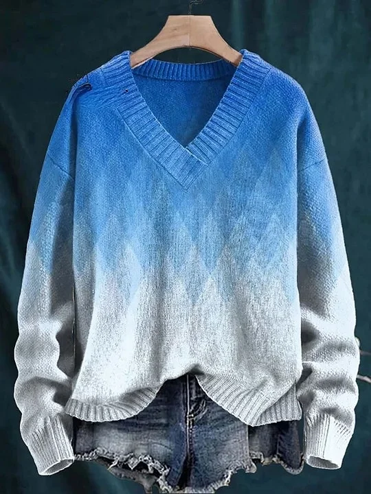 Light Blue Gradient Geometry Plaid Art Print Knit V-neck Pullover Sweater