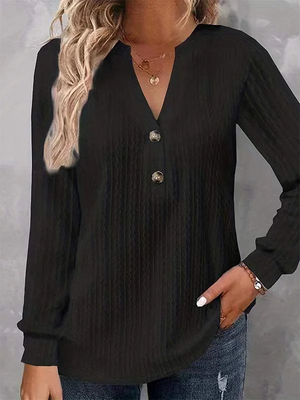 Button Long Sleeve Daily V - Neck Top