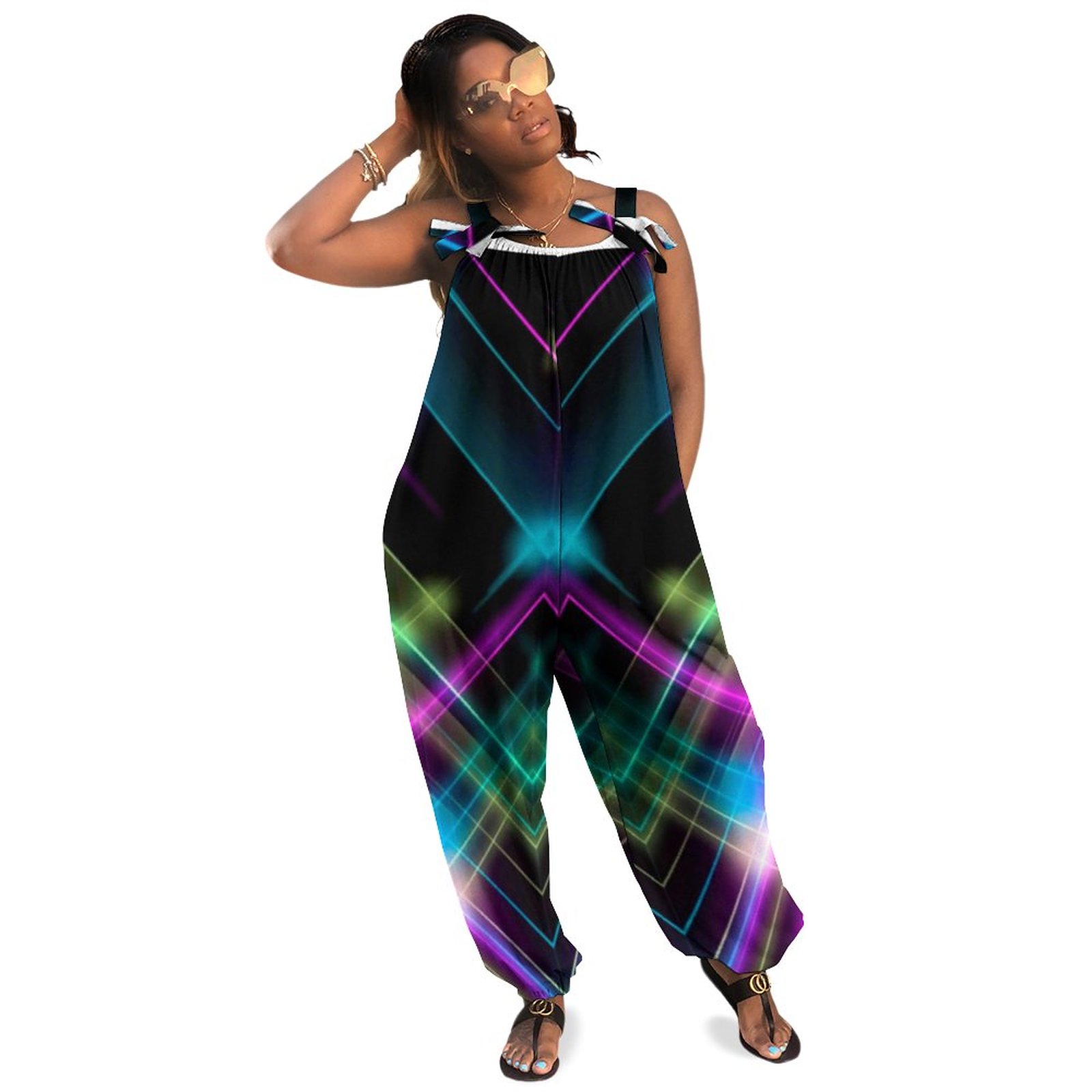 Women Plus Size Jumpsuit Summer Loose Harem Pants Black With Neon Abstract Design Pattern Relaxed Jumpsuit Casual Long Length Polyester Spandex