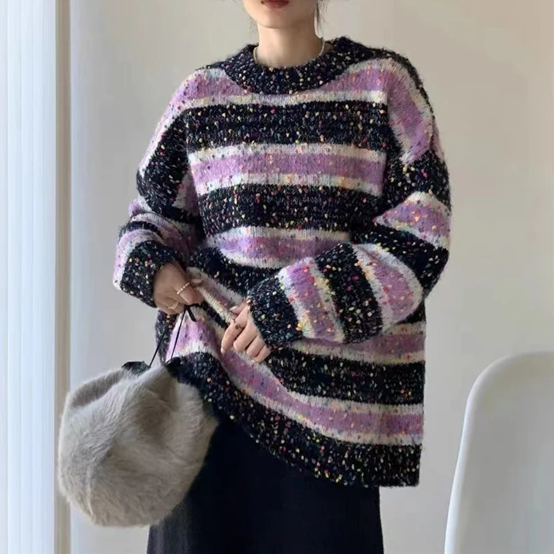 Toloer Toloer Gauze Color Stripe Sweater Unlined Upper Garment Female Design Feeling Small Minority Autumn Winter New Style Languid Lazy Wind Loose Color Sweater-Outfit Ideas
