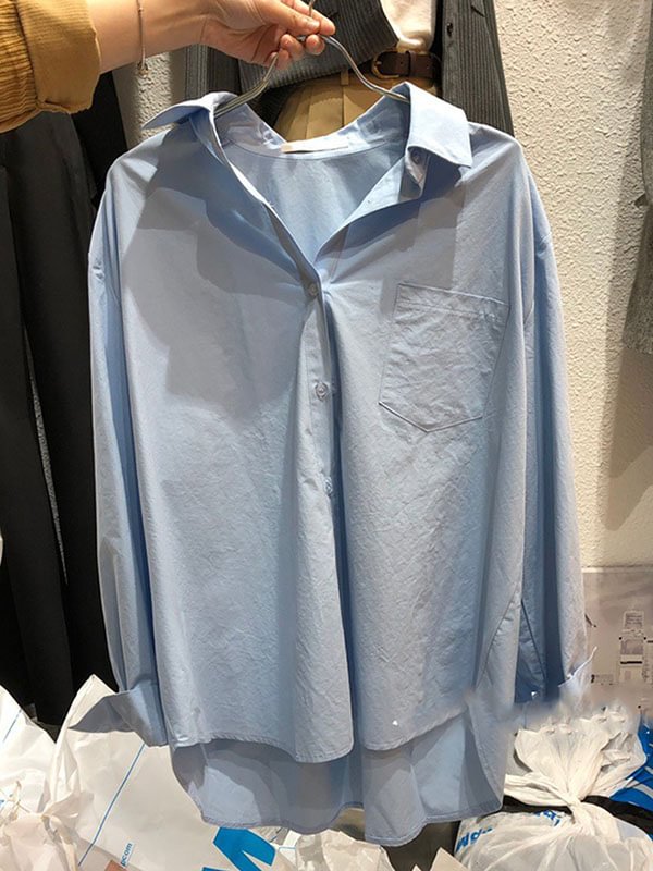 Simple Solid Color High-Low Long Sleeve Blouse