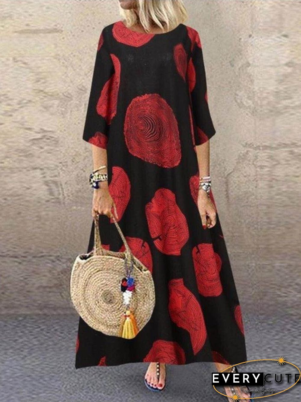 Vintage Cotton Print A-Line Round Neck Casual Maxi Weaving Dress