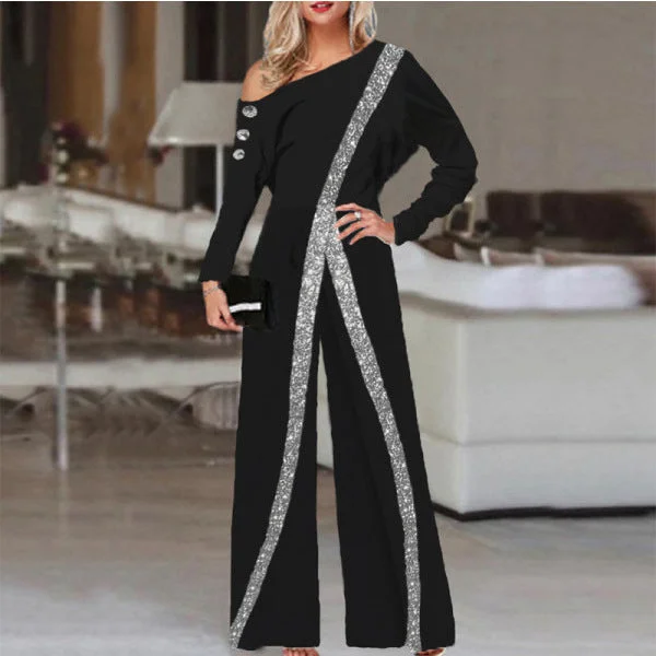 Contrast Striped Asymmetrical Neck Long Sleeve Jumpsuit
