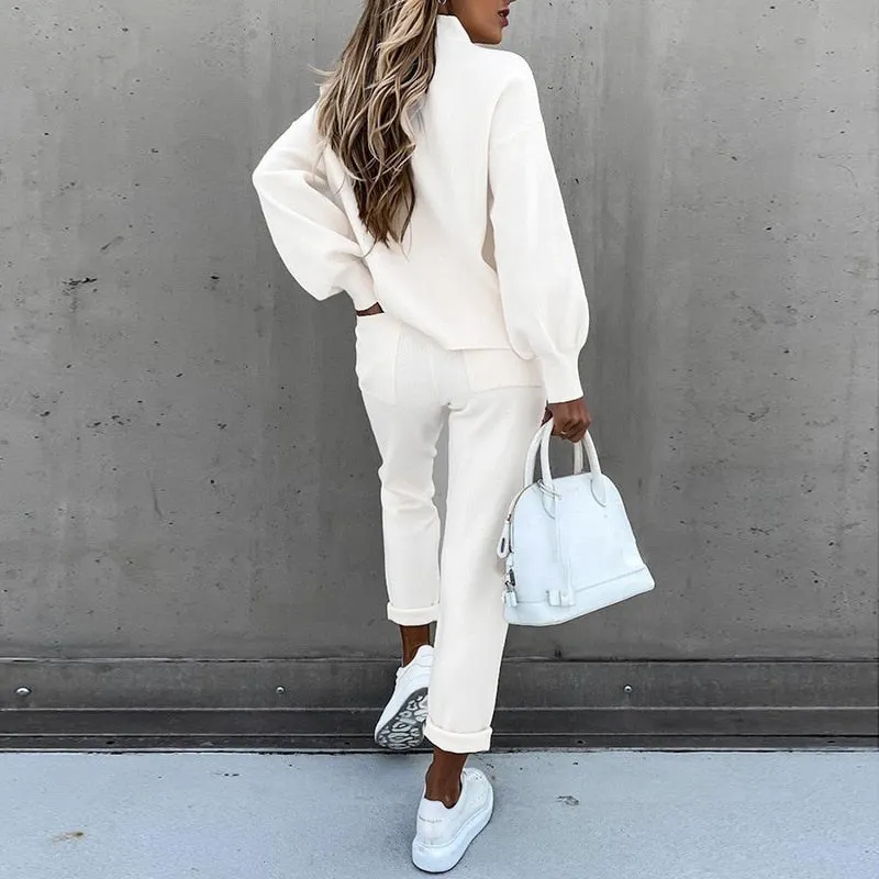 2021 autumn and winter women's sweater suit new high-neck casual solid color trousers pocket two-piece suit