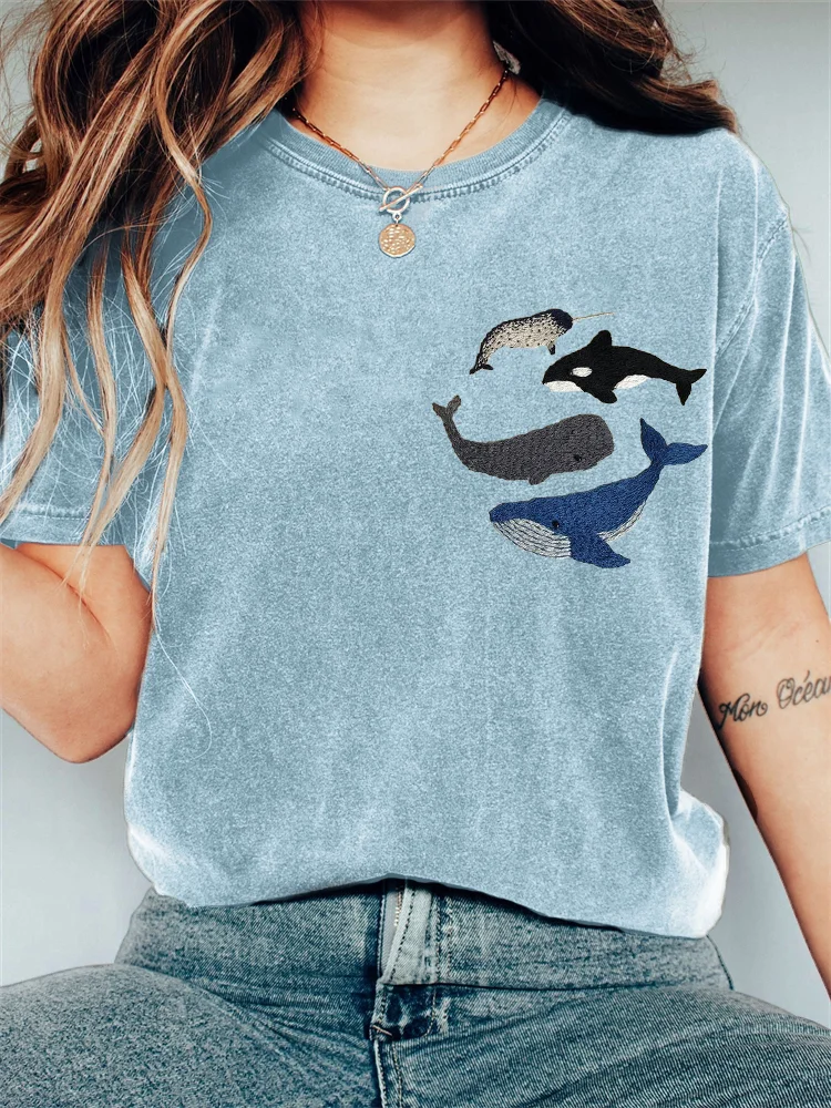 Species of Whales Embroidery Art Vintage T Shirt