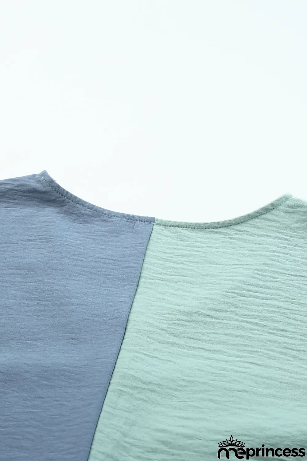 Green Color Block Shirred 3/4 Sleeve V Neck Top