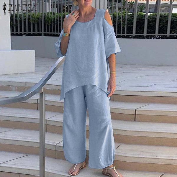 Zanzea Summer Women Solid Cotton Suits Casual Off Shoulder Tops Elastic Waist Long Pants 2Pcs - Shop Trendy Women's Fashion | TeeYours