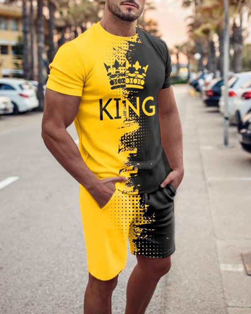 Men's Crown Split-joint Printed Sports Shorts Suit