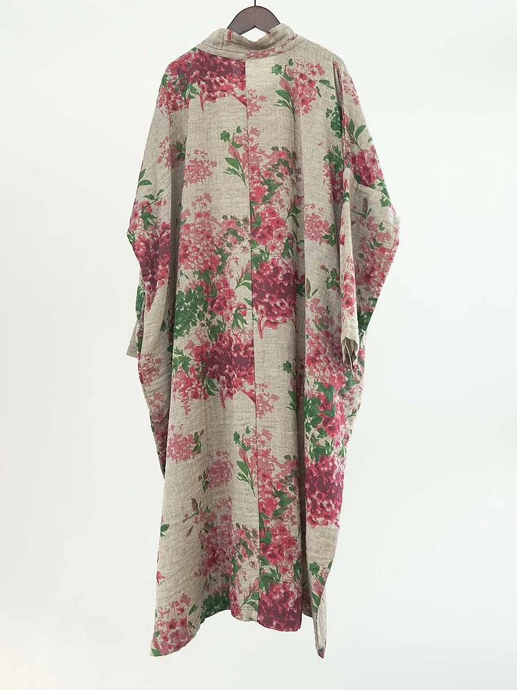 Women Vintage Floral Print Cotton Linen Loose Dress