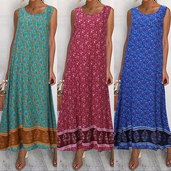 Women Sleeveless Long Dress Floral Print Round Neck Party Holiday Casual Fashion Summer Sundress Vestidos Plus Size - BlackFridayBuys