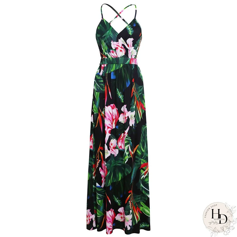 Deep V-Neck Floral Print Maxi Dress