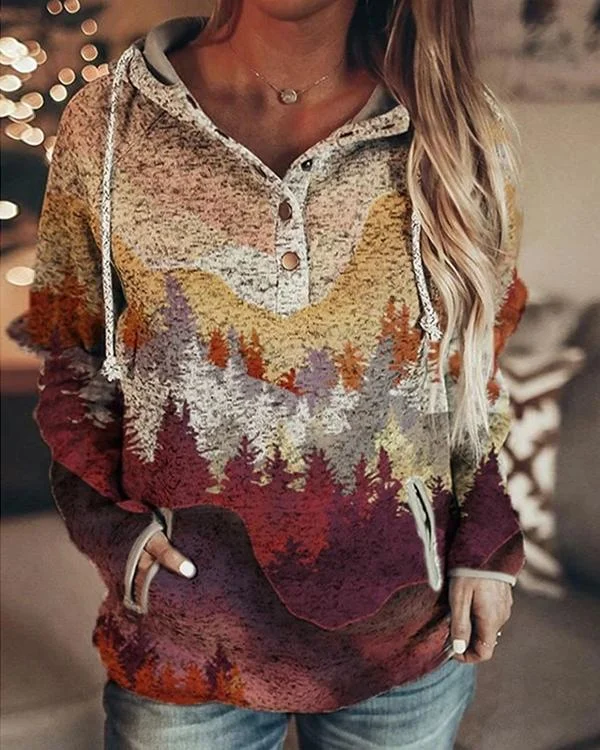 Women's Autumn And Winter Mountain Print Casual Pocket Hoodie & Sweatshirt