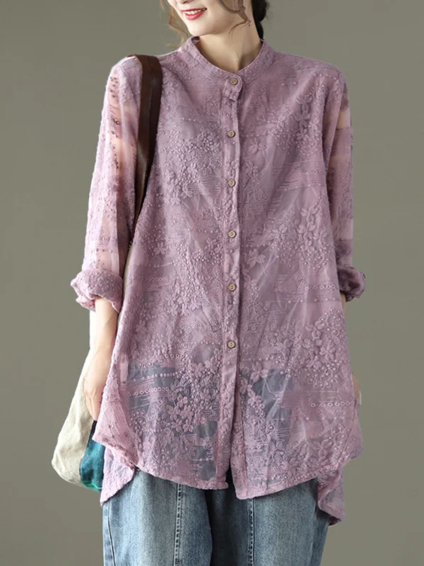 Vintage Loose Embroidered Lace Hollow Blouse