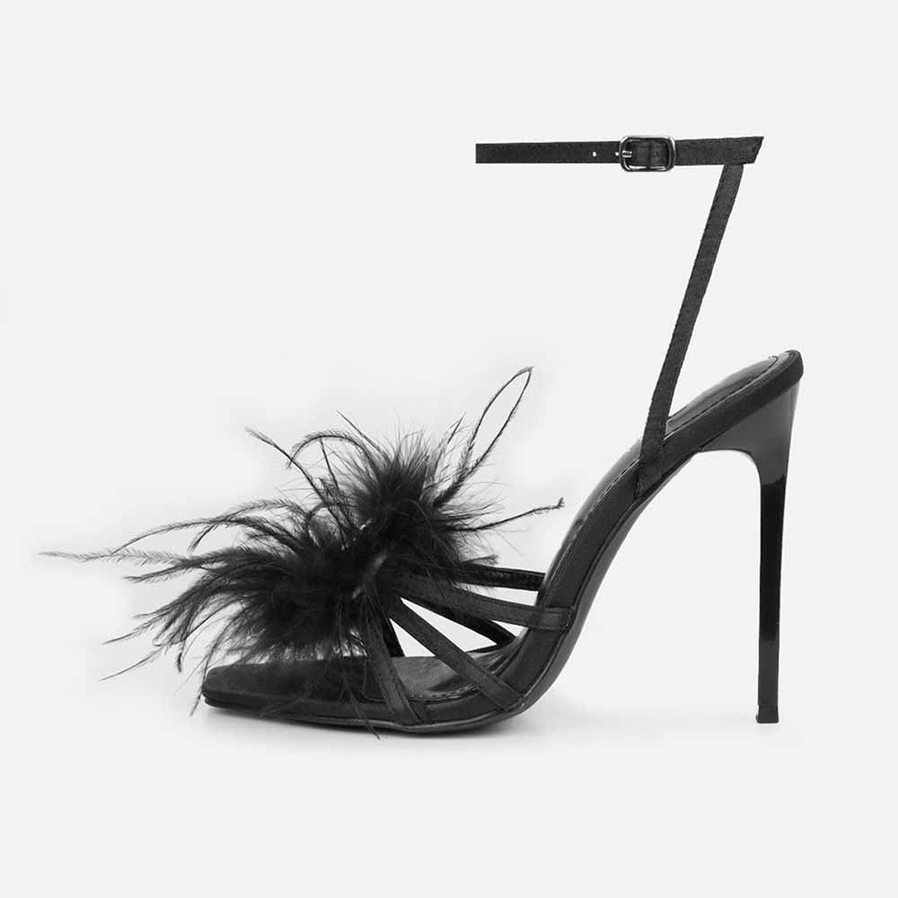 Black Satin Pointed Toe Stiletto Heel Ankle Strap Sandals with Feather Nicepairs