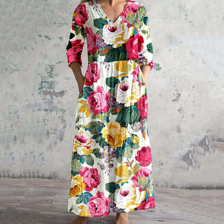 VChics Floral Print V-Neck Casual Loose Midi Dress