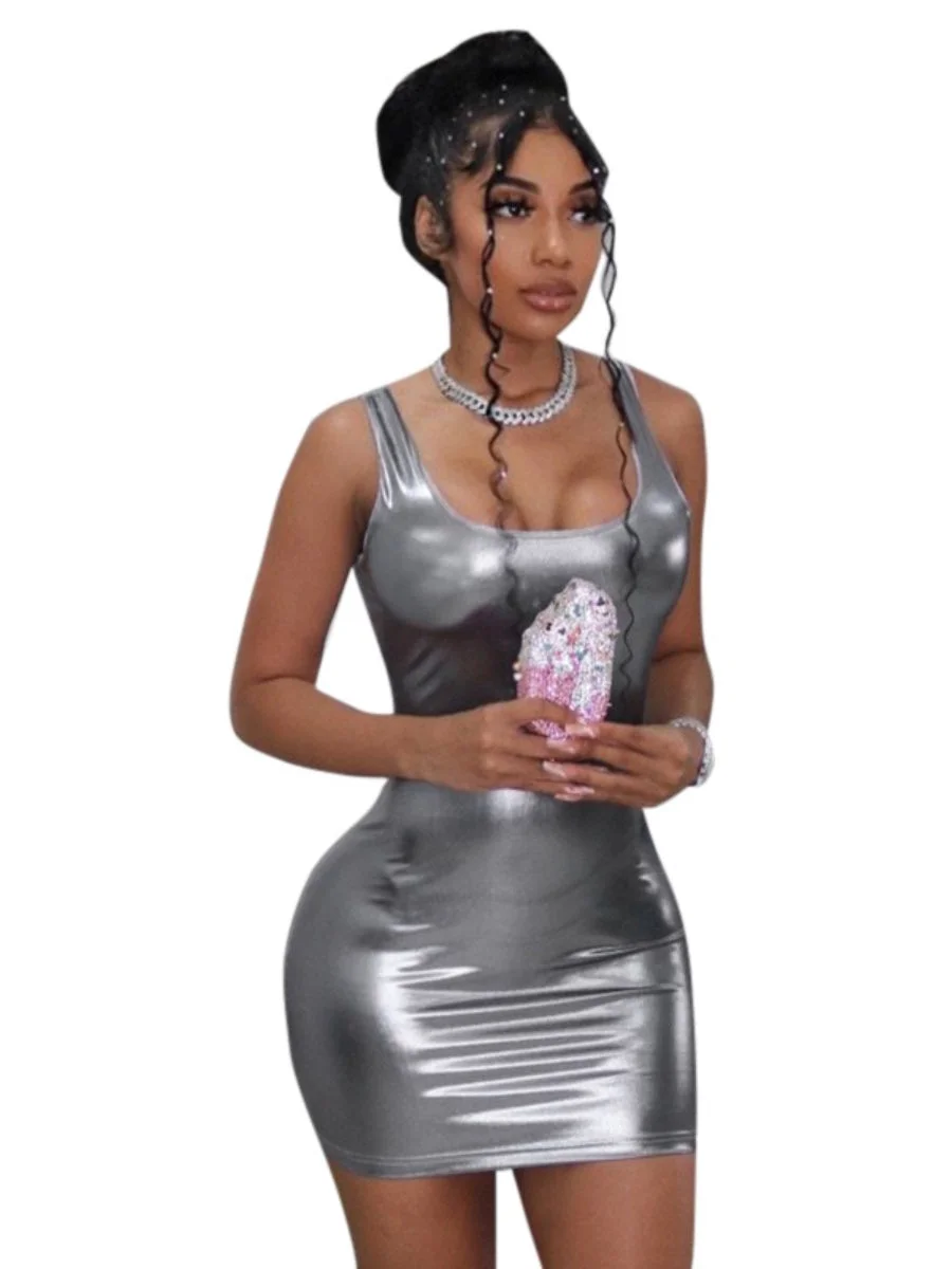 Sexy Bodycon Dress Spaghetti Strap Patent Shiny Mini Party Dress