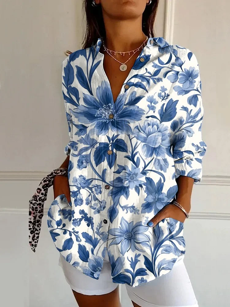 Japanese Coloured Rose Blossom Print Casual Long-sleeved Shirt
