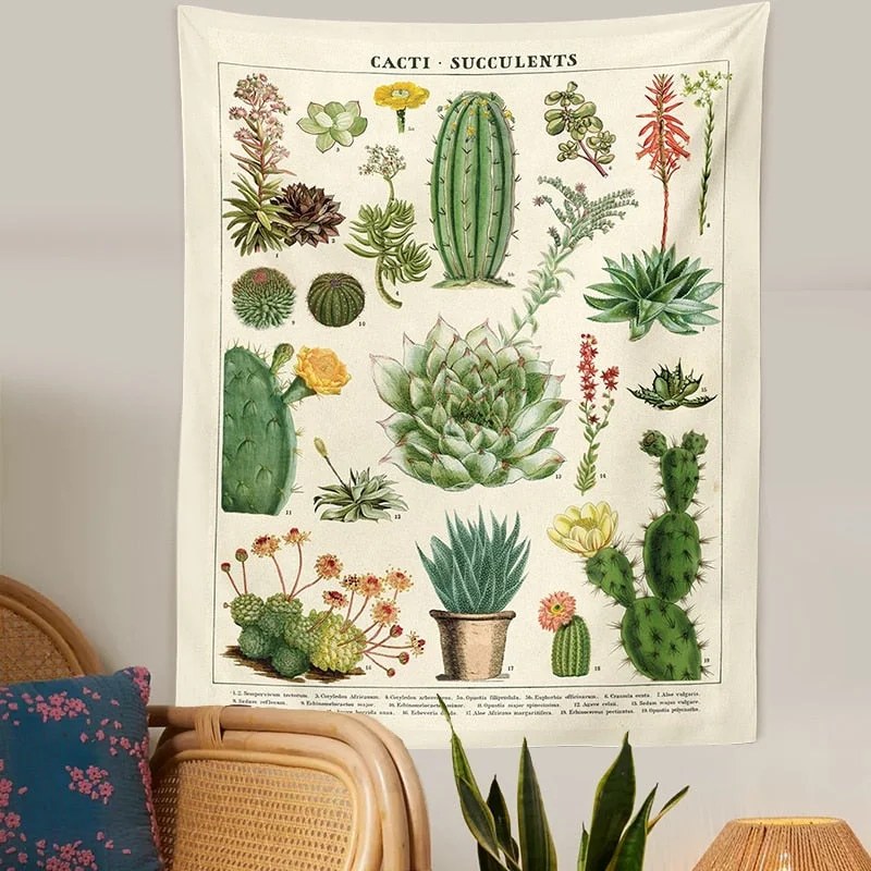 Botanical Cactus Tapestry Wall Hanging Retro cacti succulents Mushroom Chart Hippie Bohemian Psychedelic Witchcraft Home Decor