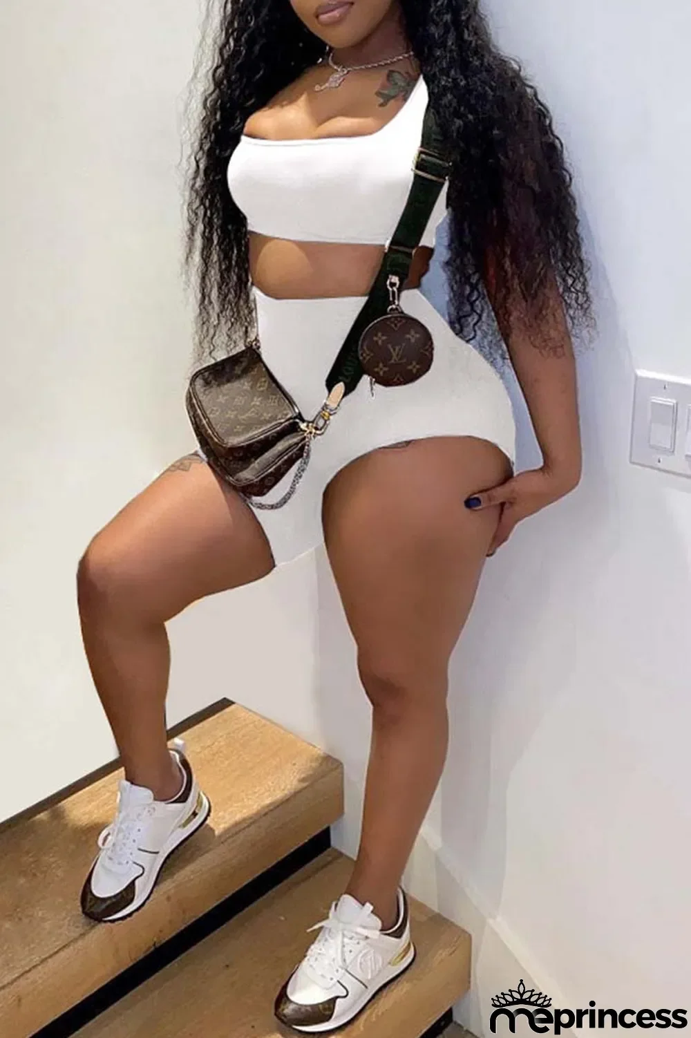 White Sexy Casual Asymmetrical One Shoulder Sleeveless Two Pieces