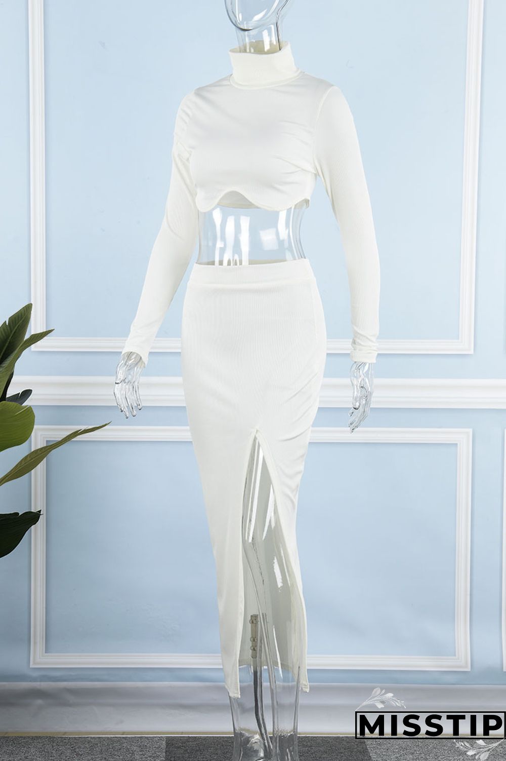 Apricot Casual Solid Patchwork Slit Asymmetrical Turtleneck Long Sleeve Two Pieces