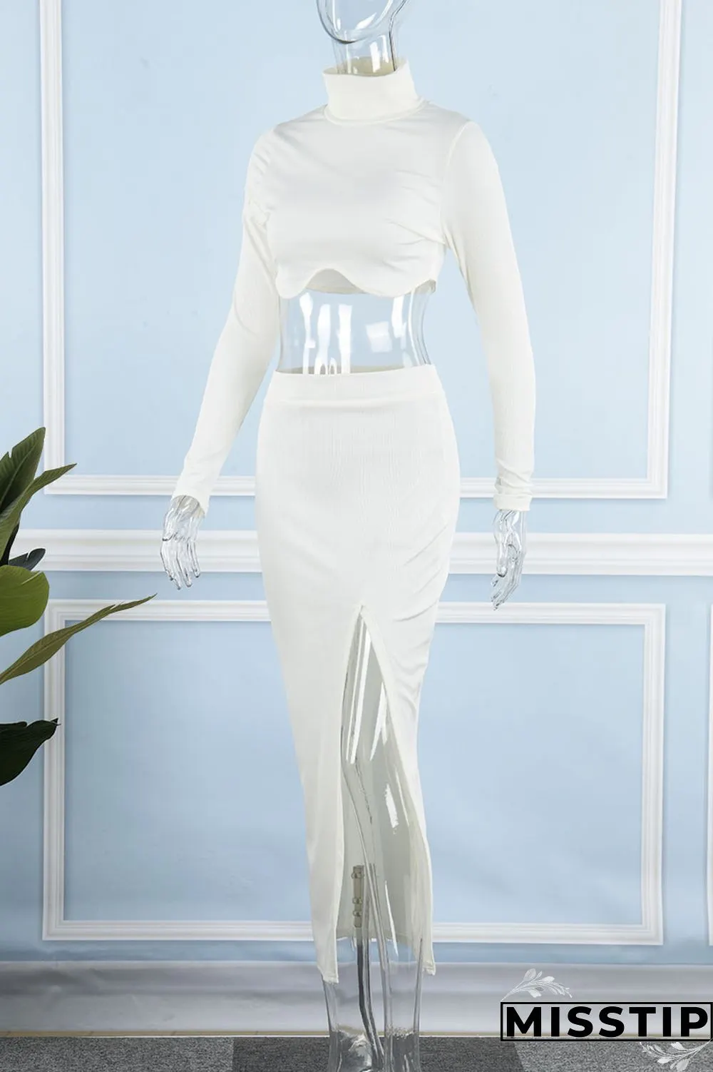 Apricot Casual Solid Patchwork Slit Asymmetrical Turtleneck Long Sleeve Two Pieces