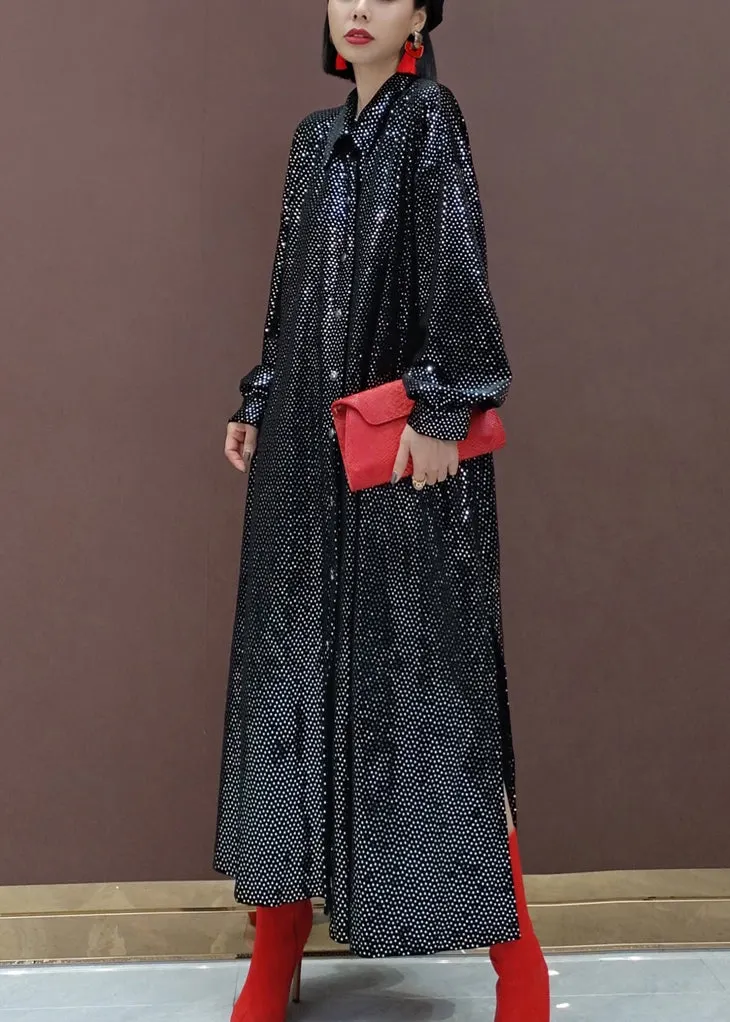 Original Design Black Sequins Oversized Faux Suede Trench Coat Spring