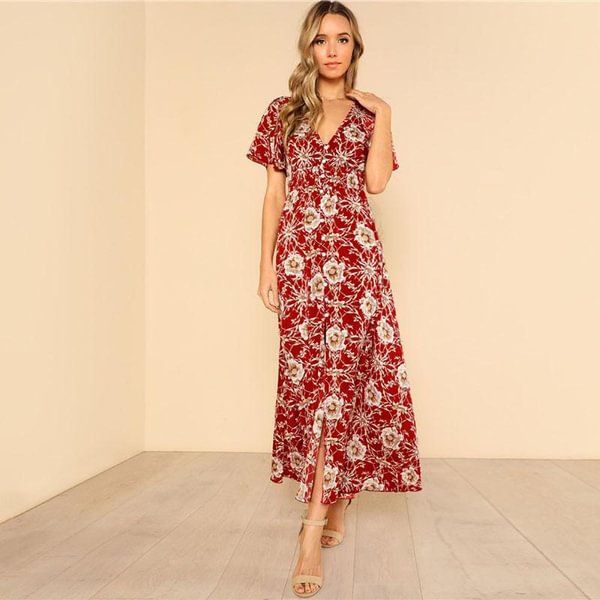 Amazing Goods Womens V-Neck Long Boho Dress Lady Beach Summer Sundress Maxi Dress - Shop Trendy Women's Fashion | TeeYours