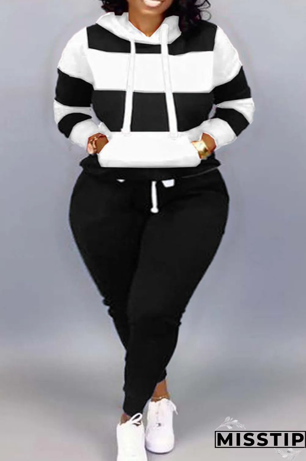 Plus Size Rose Red Casual Striped Patchwork Contrast Hooded Collar Two Pieces