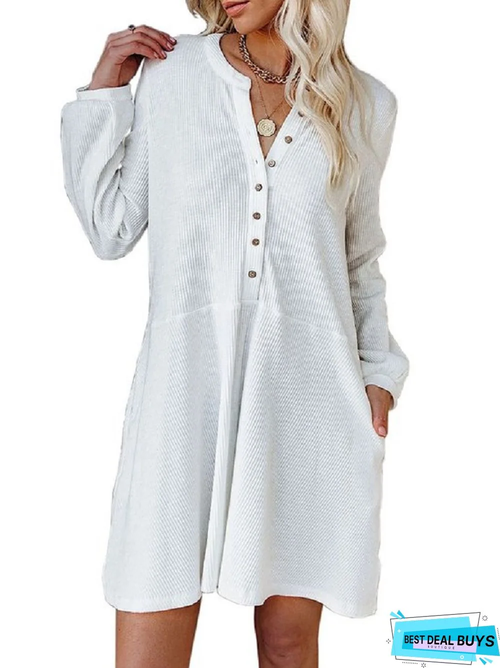 Solid Color Ribbed V-Neck Long Sleeve Button Casual Dress White Dresses
