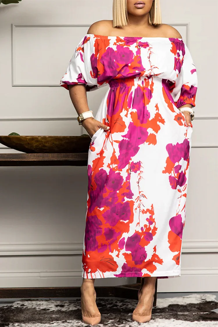 Plus Size Magenta Daily Off The Shoulder Floral Print Maxi Dresses