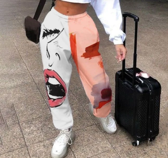 Pants Women Fashion High Waist Wide Leg Sweatpants Autumn Streetwear Casual Elastic Patchwork Joggers Woman Soft Trousers