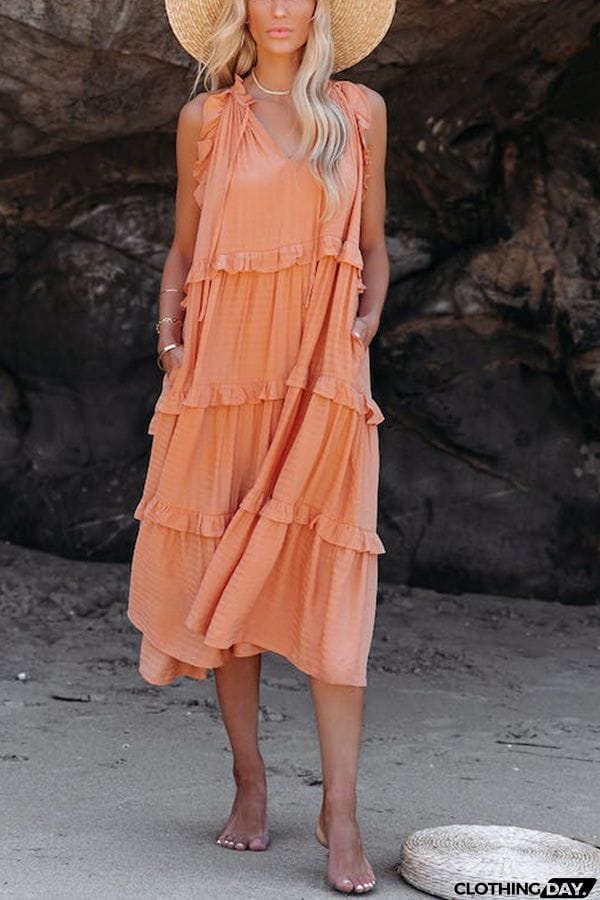 COTTON BLEND POCKETED TIERED MIDI DRESS