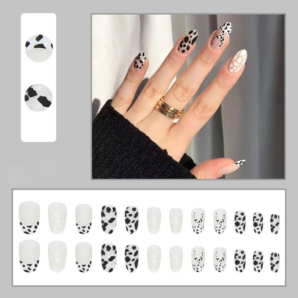 Press On Nails Fake Nails Round White Black Leopard French False Nails with Glue Faux Detachable Full Nail Decoration Art Tips