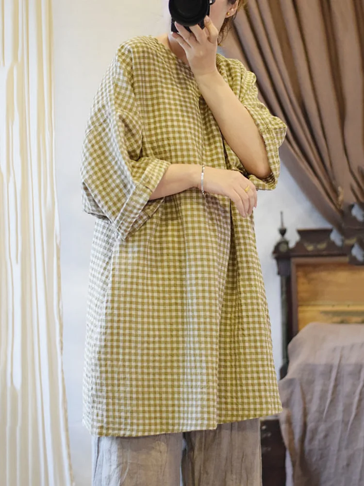 Women Summer Chinese Style Plaid Long Linen Shirt