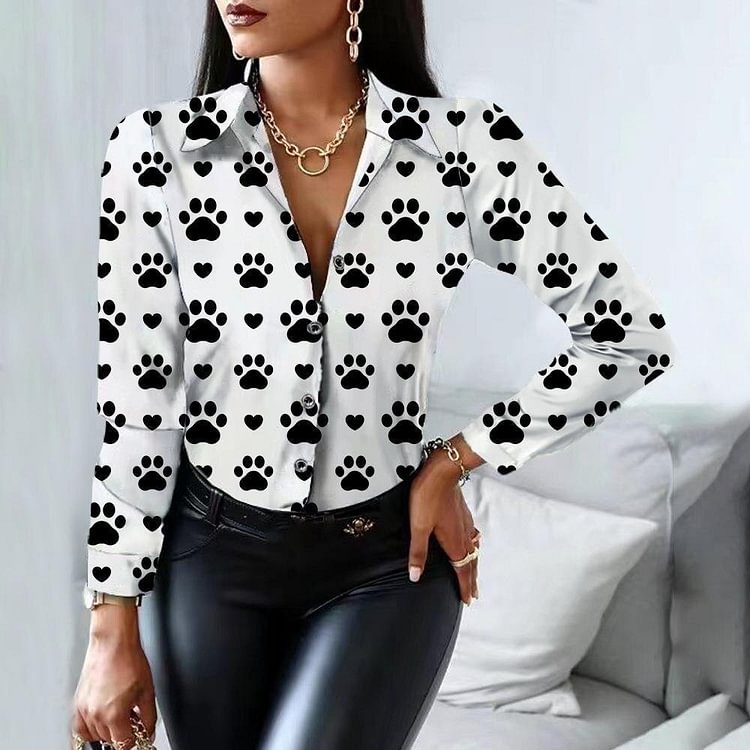 New Fashion Blouse Cow Pattern Polo Shirt Women Long Sleeve Button Down Print Shirt Tops Ladies Tops