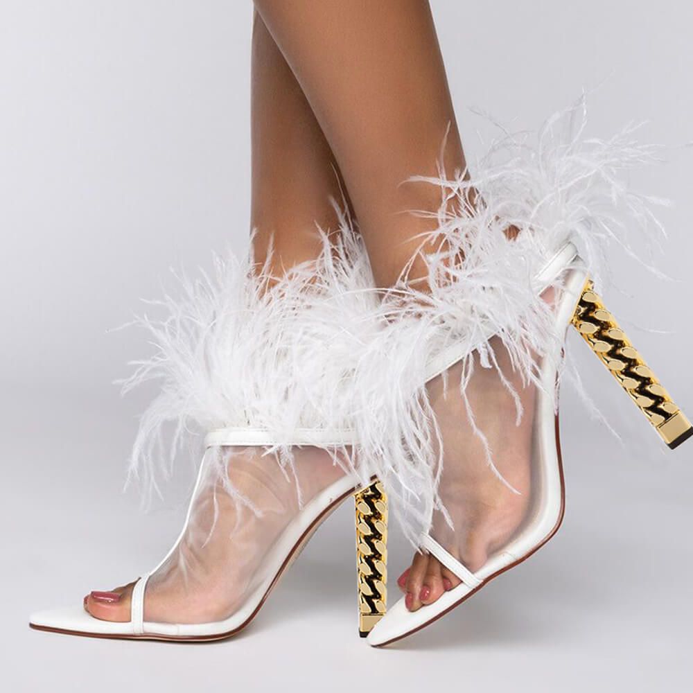Women's Mesh Pointed Toe Sculptural Heel Feather Trim White Sandals Nicepairs