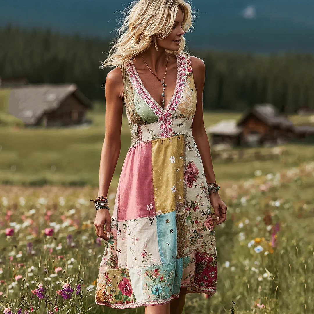 Women's Boho Floral Patch Art Comfy Midi Dress