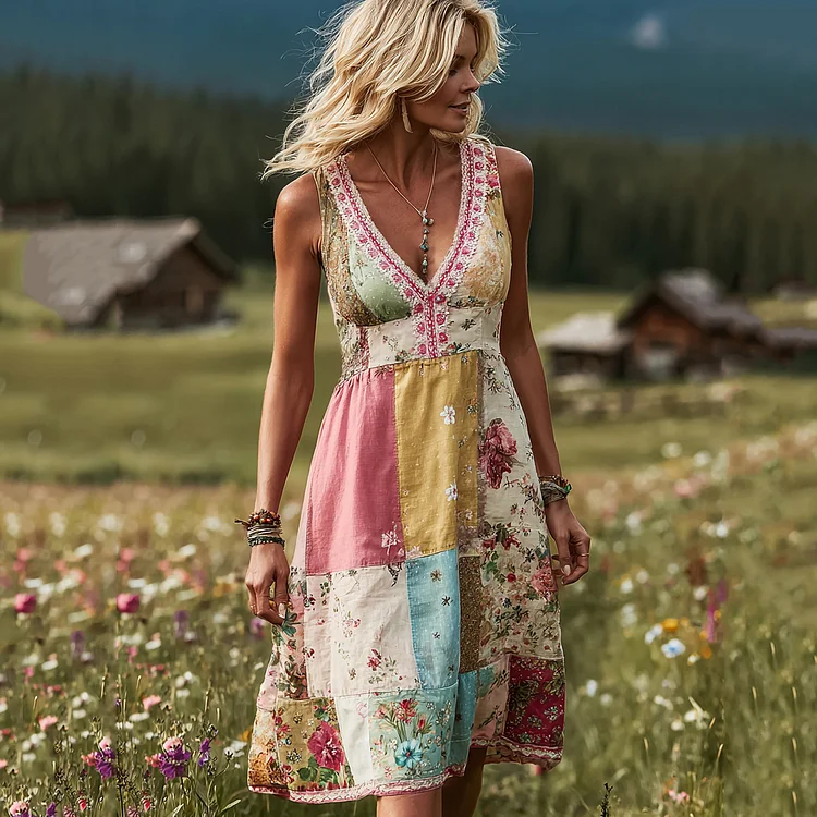 VChics Women's Boho Floral Patch Art Comfy Midi Dress