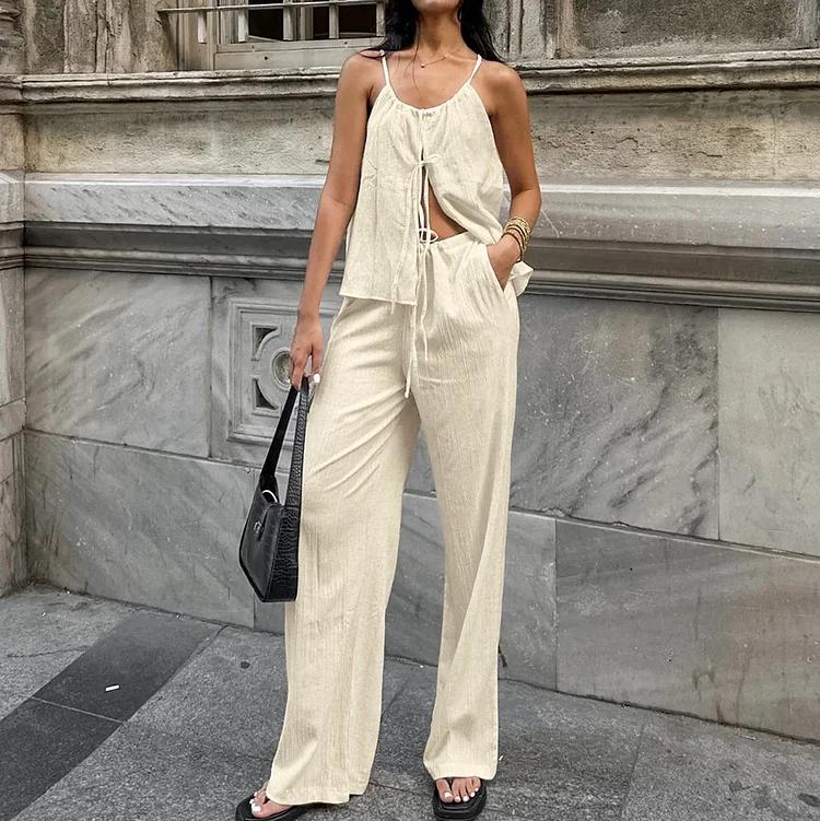 Casual Lace-up V-neck Top & High-waisted Elastic Band Trousers Suit