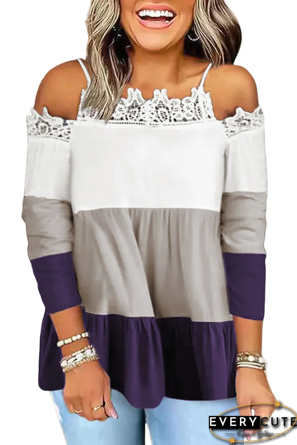 Color Color Block Lace Patchwork Cold Shoulder Blouse