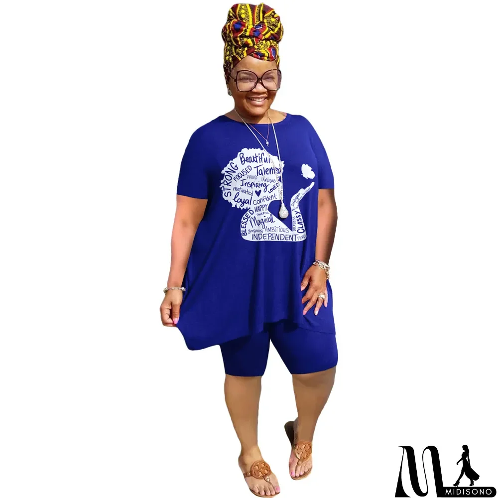 MidiSono - Plus Size Women'S Print Short Sleeve T-Shirt Shorts Two-Piece Casual Set