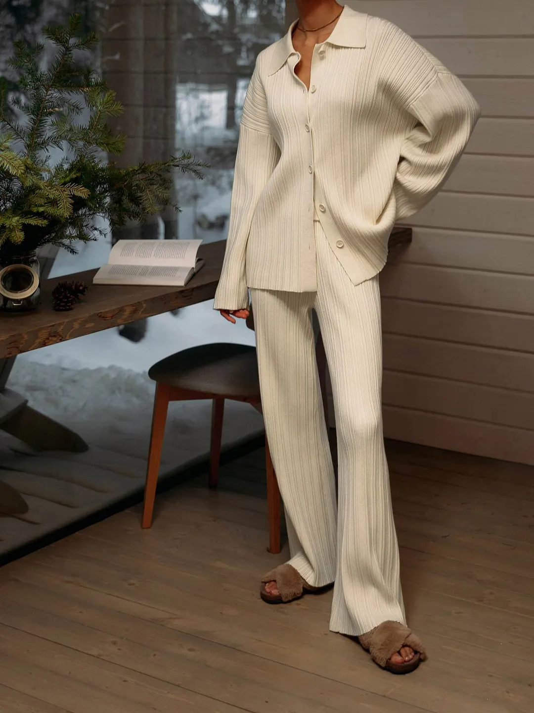 Churchf Churchf 2024 Ins New Pit Strip Sweater Cardigan Wide-Leg Pants Two-Piece Set