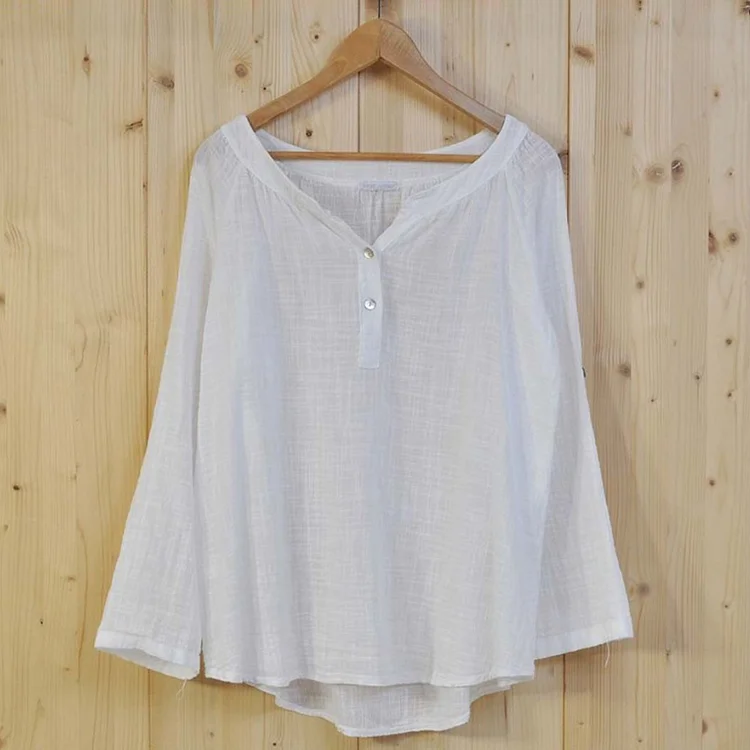 Solid Color V-Neck Long Sleeved Blouse